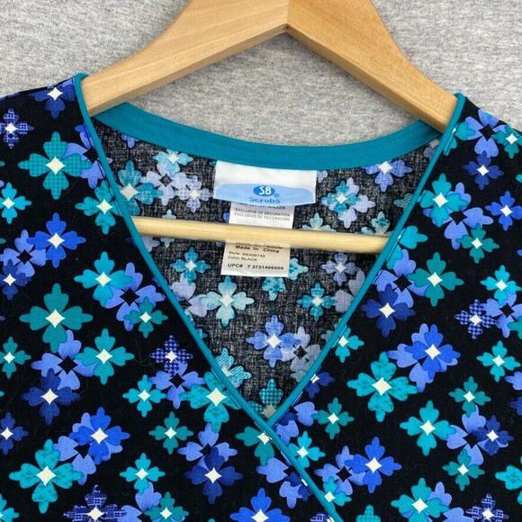SB Scrubs Top Womens Small Black Blue Floral Short Sleeve Healthcare Nursing - Picture 5 of 12